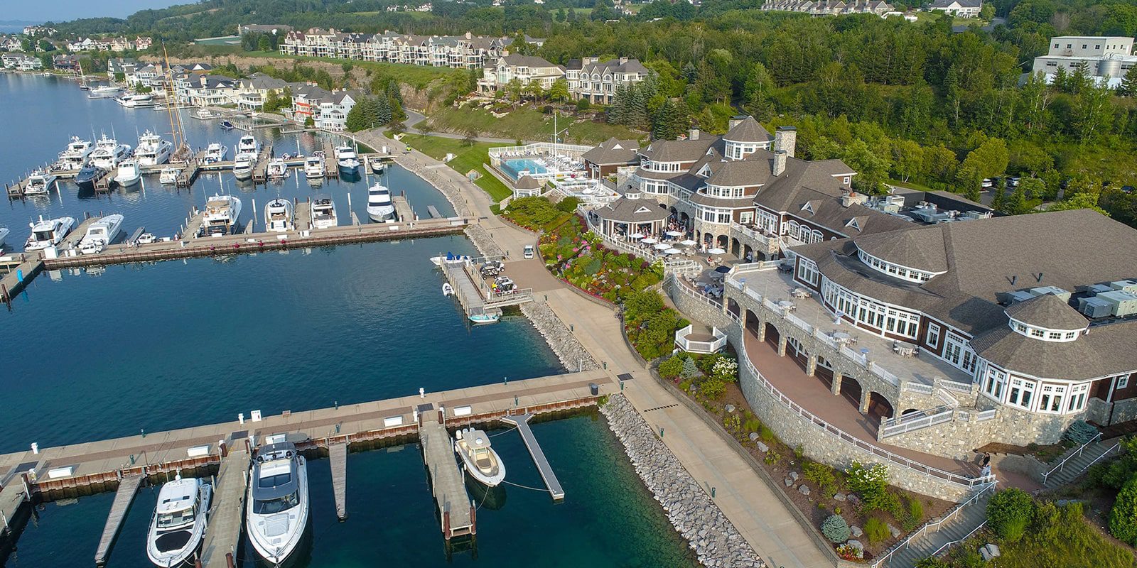 aerial image of bay harbor yacht club in bay harbor michigan