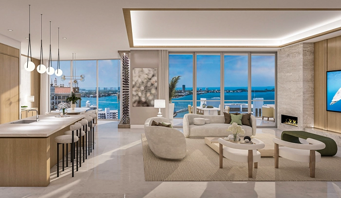 Luxury waterfront living room overlooking Sarasota Bay at The Ritz-Carlton Residences by Kolter Urban.