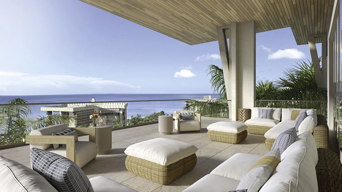 Waterfront terrace at 3300 Gulf Shore in Naples with Gulf views.