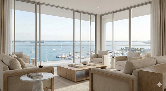 Bright luxury living room with floor-to-ceiling windows overlooking marina and water