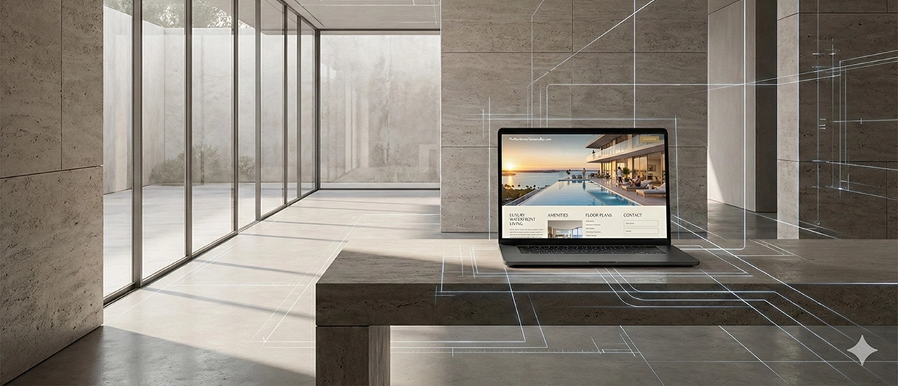 Minimalist luxury interior with laptop displaying real estate website on stone table