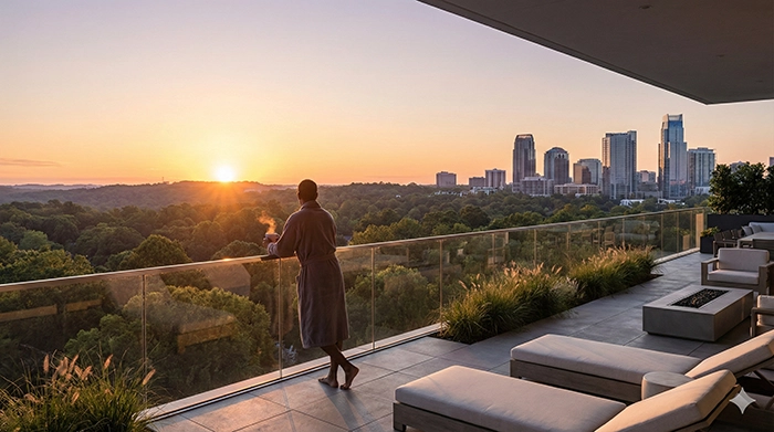 Person standing barefoot on luxury terrace overlooking trees and Atlanta skyline at sunrise