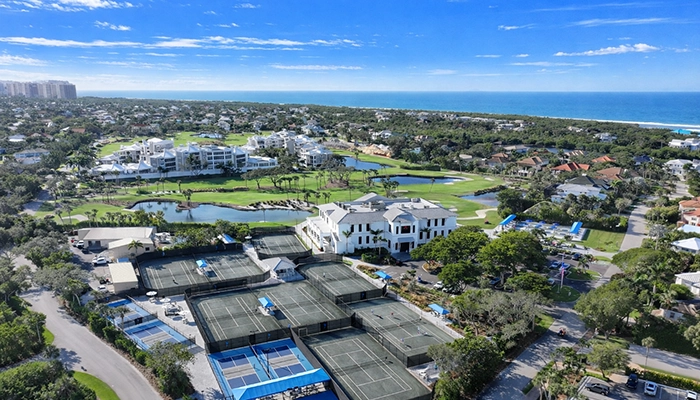 Aerial view of sports courts and amenities at Hideaway Beach Club