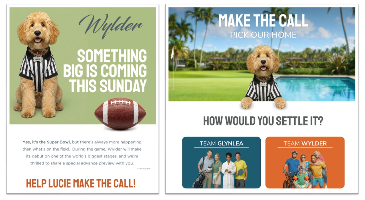 Goldendoodle in referee shirt beside football graphic