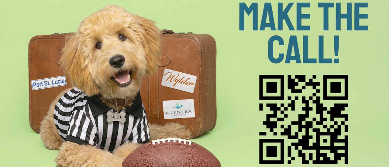 Goldendoodle referee with football and QR code graphic