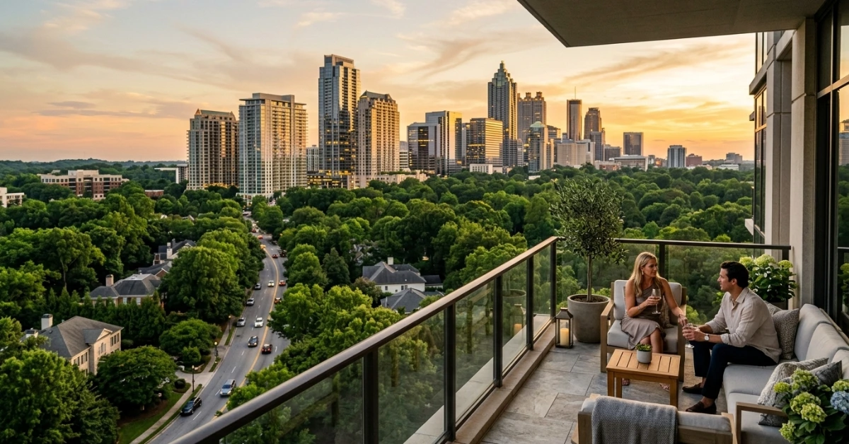 Couple on balcony overlooking Atlanta skyline at sunset