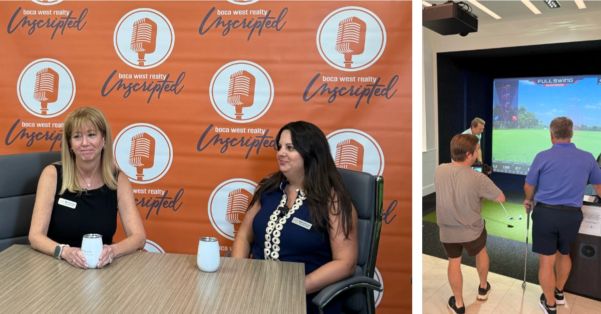 Two women in podcast interview with branded backdrop