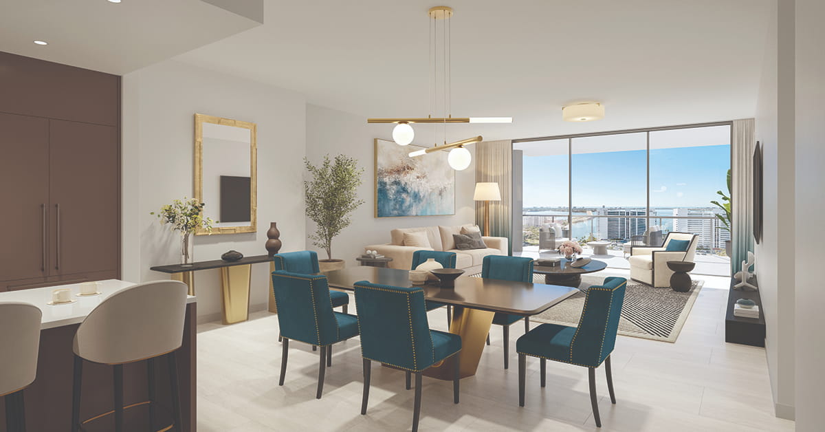 Modern condominium interior with open living and dining space and balcony view