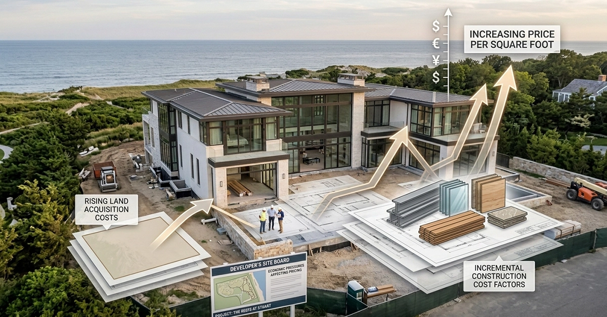 Luxury coastal home construction with graphics showing rising land and construction costs affecting home prices