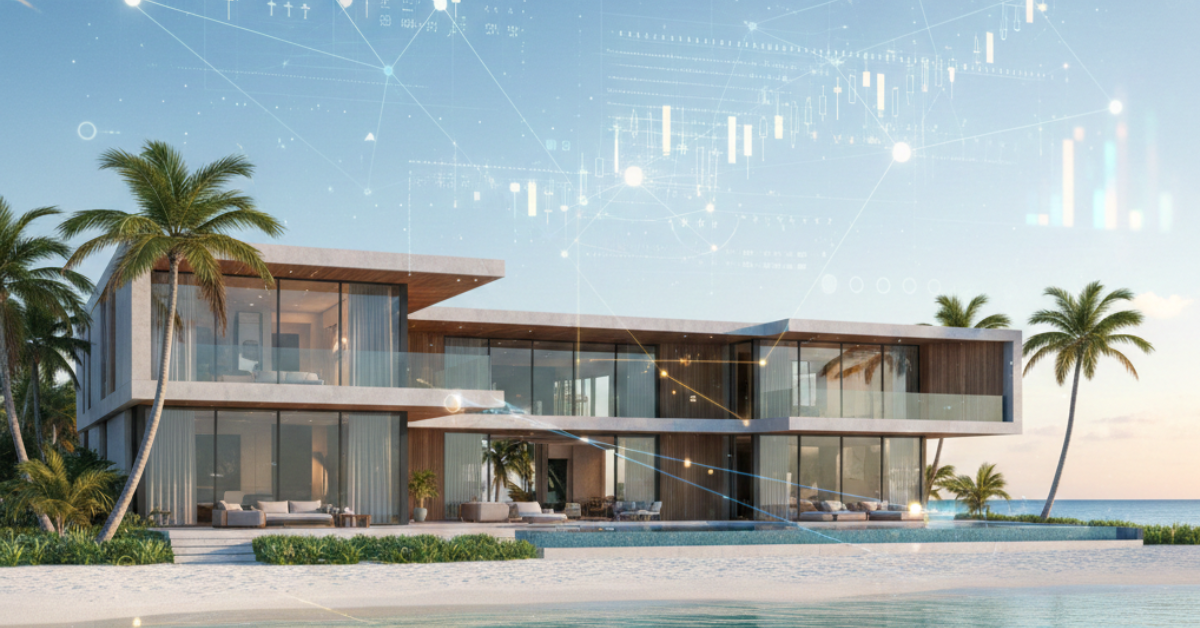 Modern Beachfront Smart Home with Digital Data Overlay