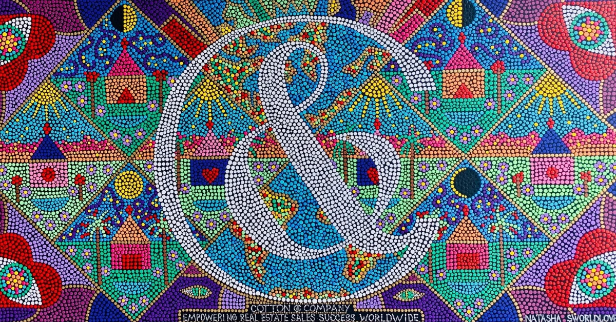 Colorful mosaic artwork with stylized letter and geometric patterns