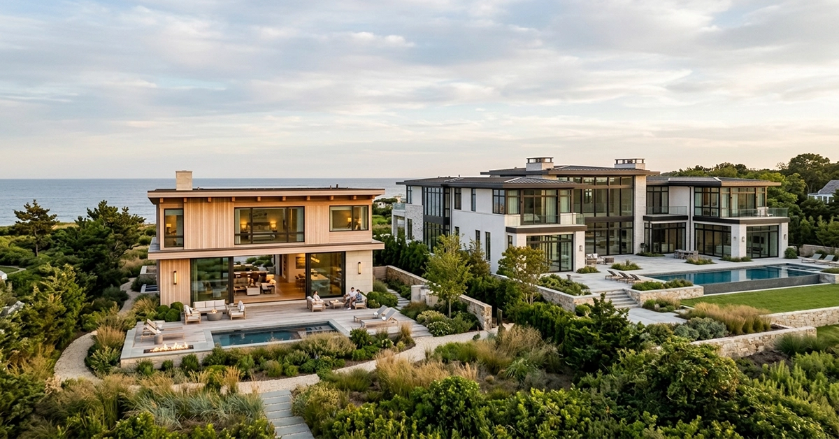 Modern coastal homes overlooking the ocean illustrating efficient luxury home design trends