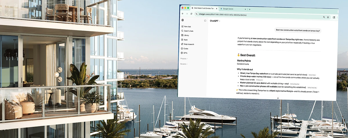 Waterfront condo tower beside a marina with a large chat interface overlay showing condo recommendations.