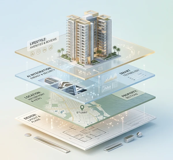 3D tower model above layered panels for design, location, property, AI integration, and lifestyle.