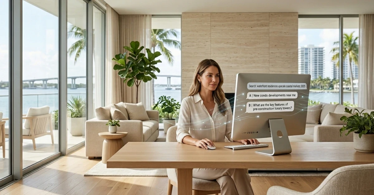 Woman at a desktop computer in a waterfront living room with AI style search prompts on screen