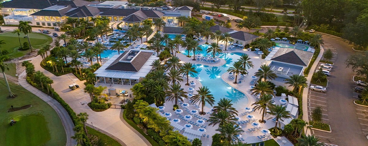 Aerial evening view of Boca West Country Club’s aquatics center