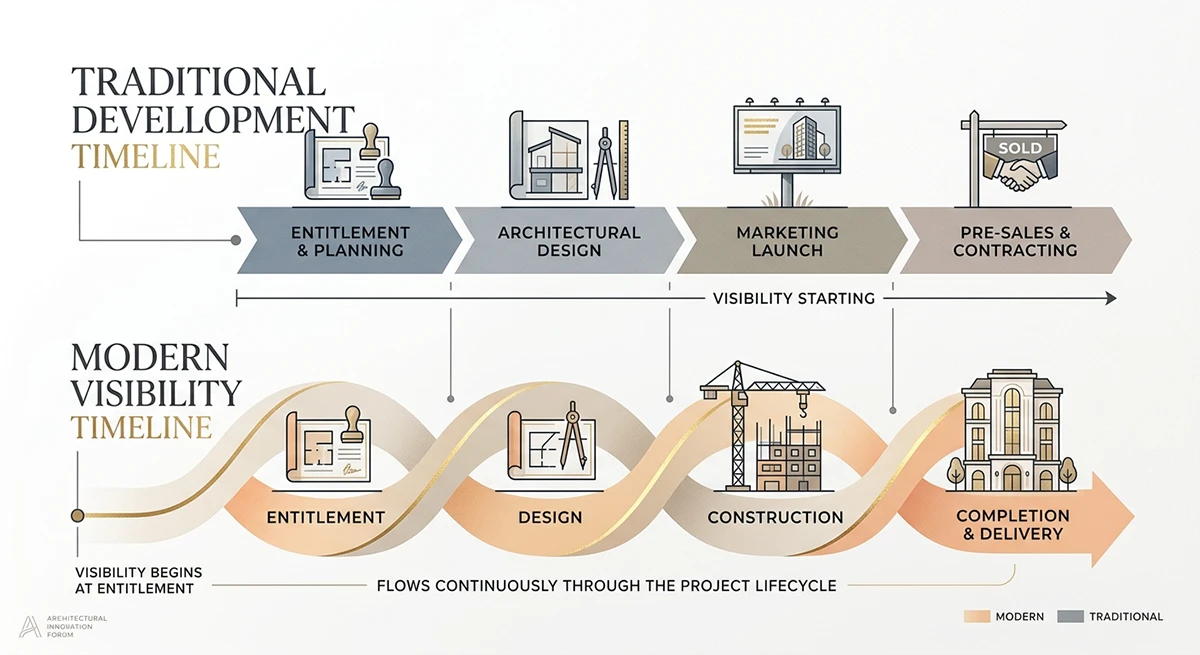Infographic comparing a traditional development timeline with a modern visibility timeline across project stages.