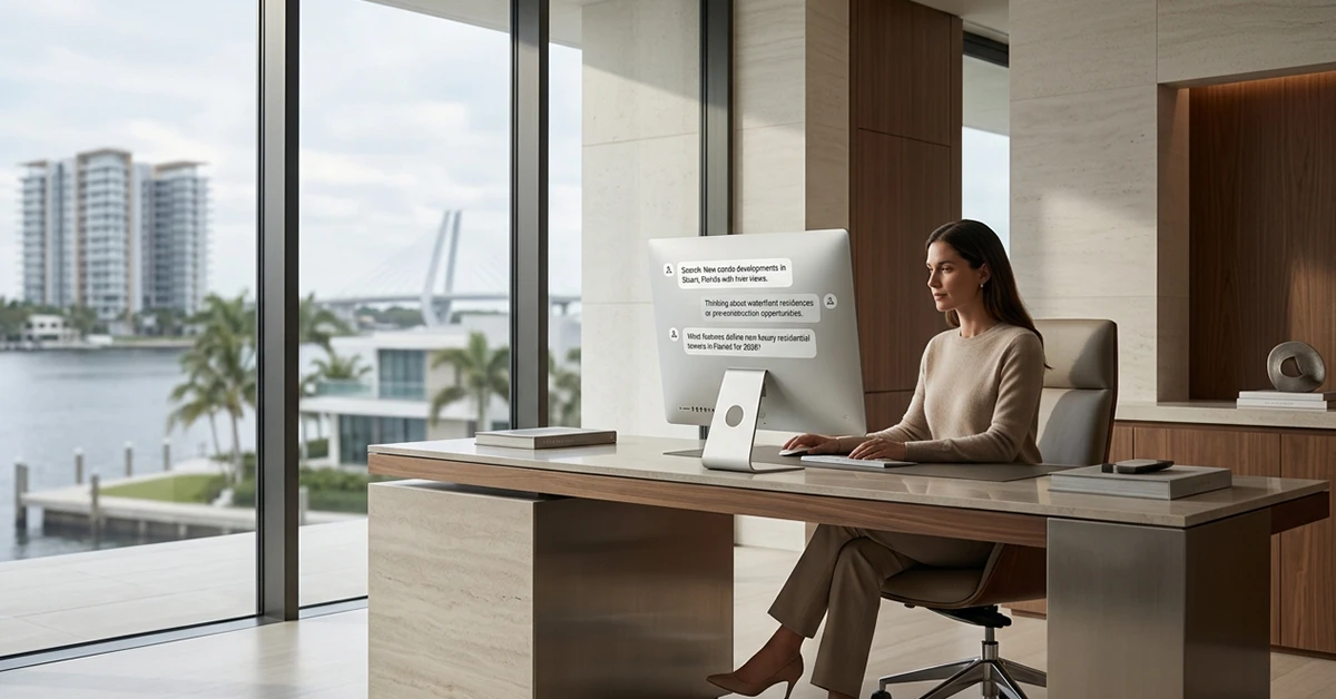 Woman at desk in a modern office with a waterfront view and real estate search prompts on a desktop screen.