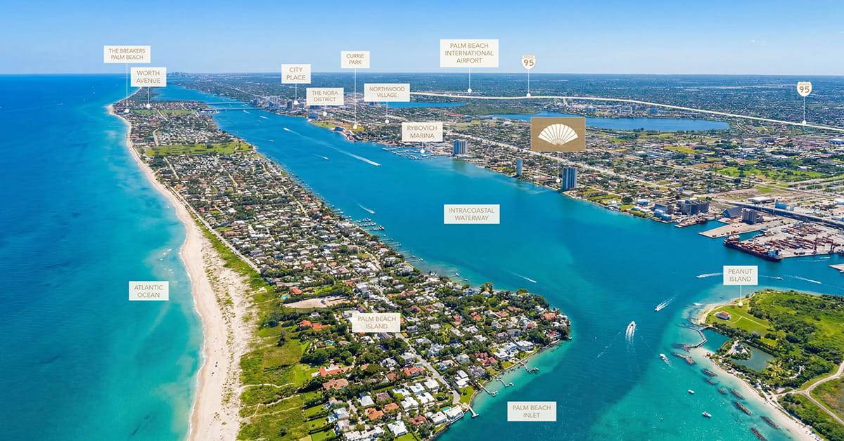 Labeled aerial view of Palm Beach Island inlet waterway beaches neighborhoods and nearby landmarks