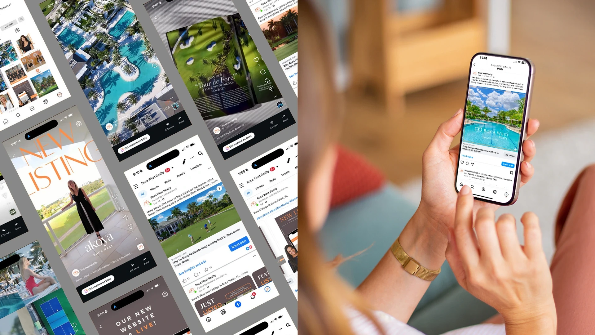 Boca West social media creative shown on mobile screens and a smartphone.