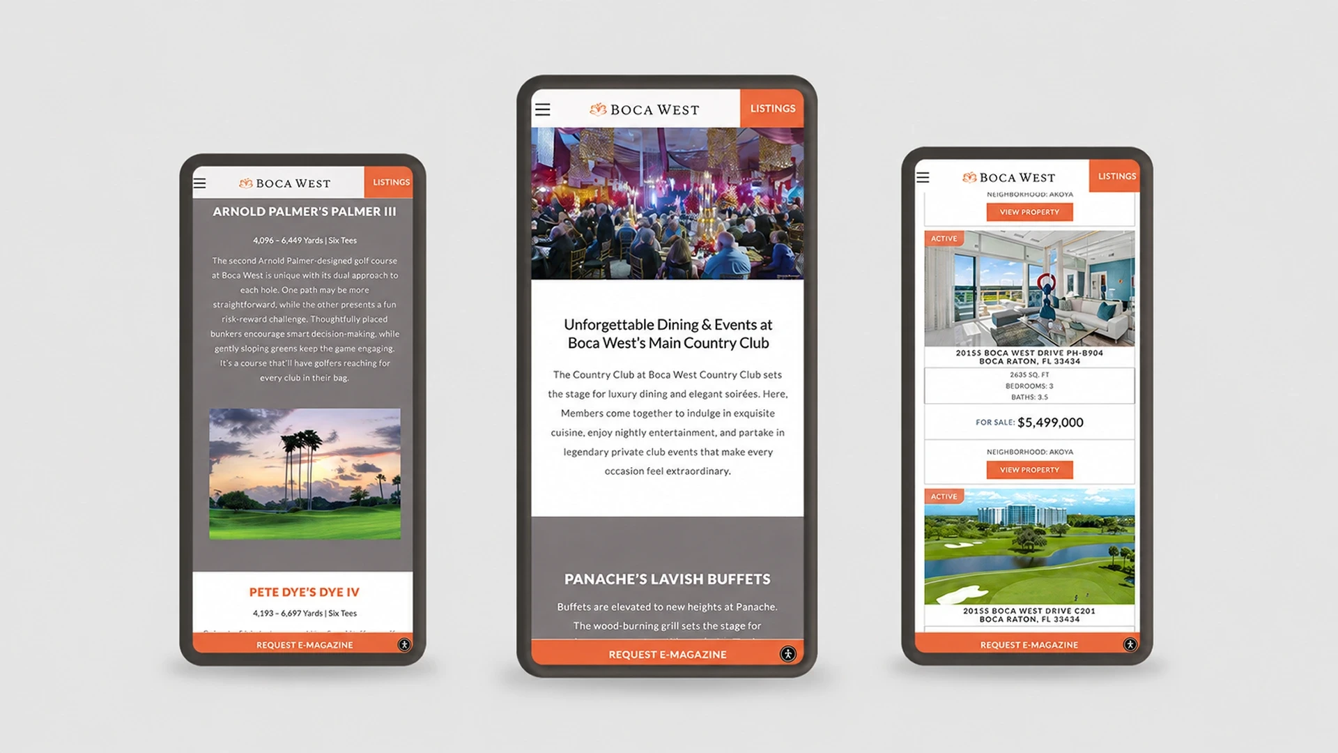 Boca West social media creative shown on mobile screens and a smartphone.
