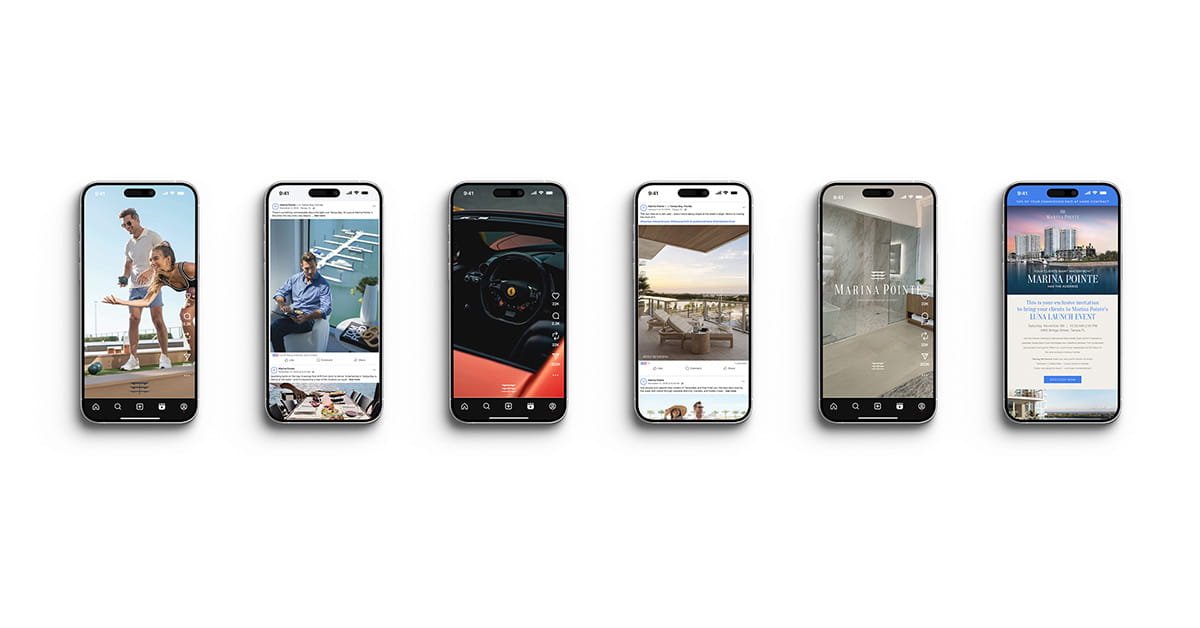 Six Marina Pointe smartphone mockups on a wide white background