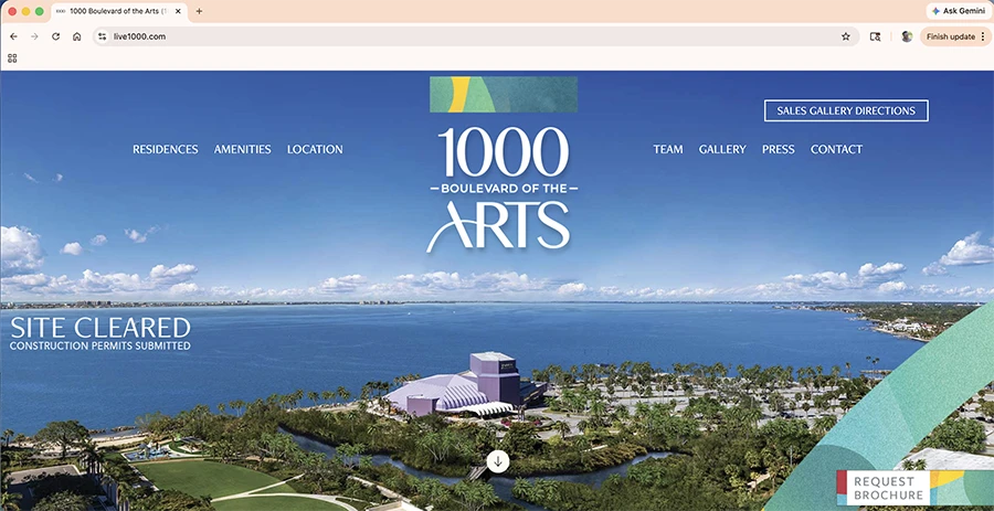 1000 Boulevard of the Arts website homepage with waterfront aerial hero image.