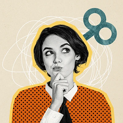 Collage of a woman thinking beside a large teal question mark.