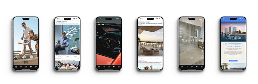 Six Marina Pointe smartphone mockups on a wide white background.