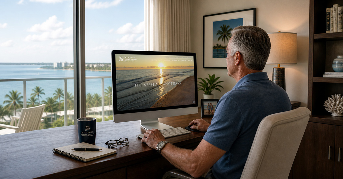 Man sitting at desk with St. Regis website open.