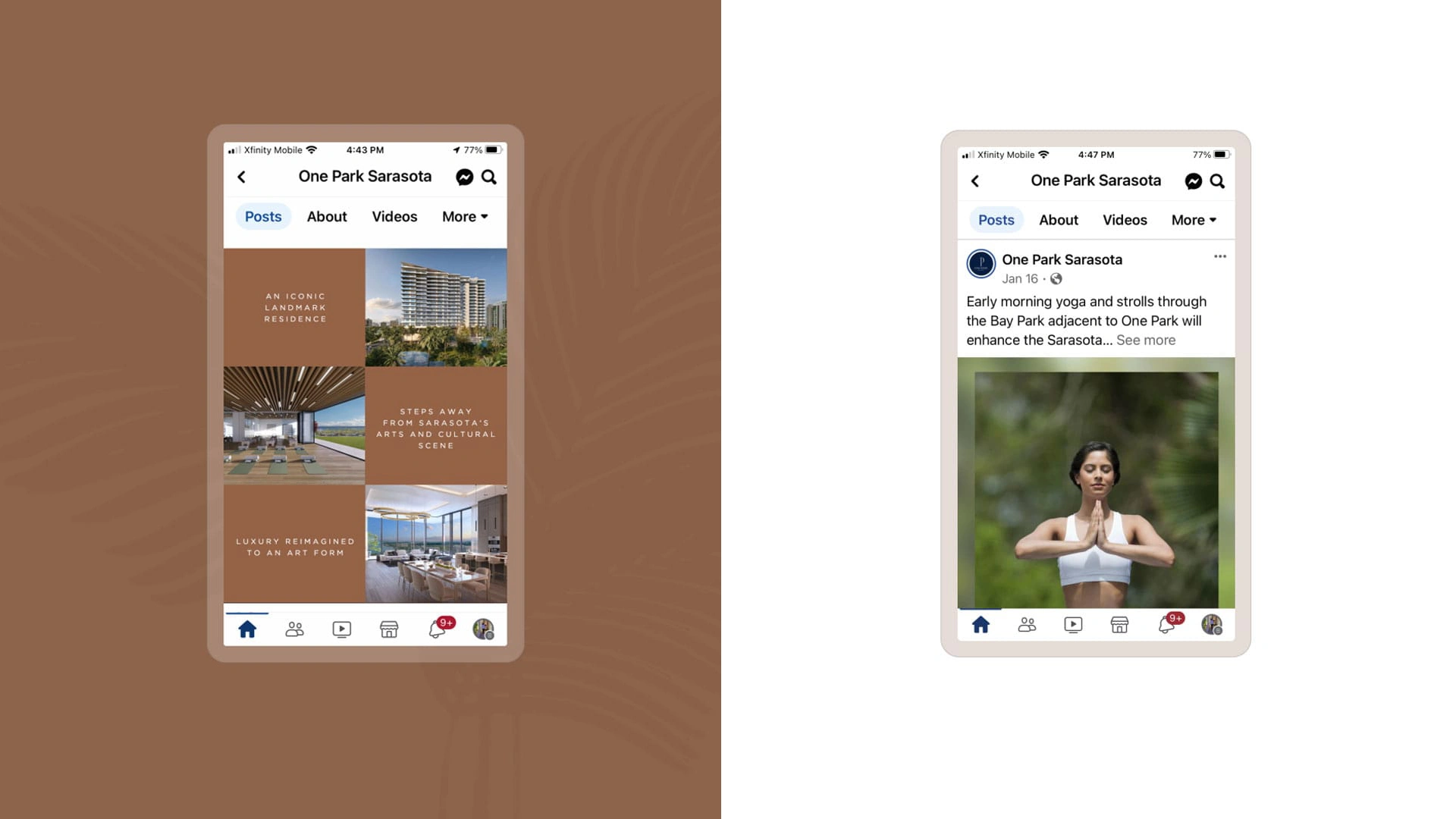 Boca West social media creative shown on mobile screens and a smartphone.
