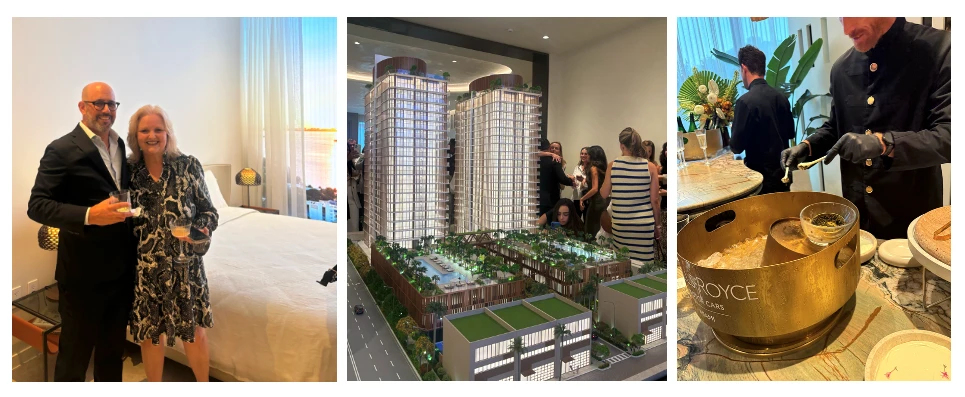 A luxury high-rise development event featuring a detailed architectural scale model, champagne service, and guests mingling in an elegant model residence.