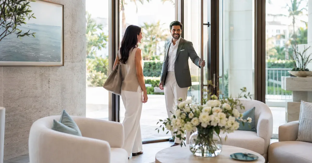 A well-dressed man holds open a glass door welcoming a woman into a bright, elegantly furnished luxury real estate lobby with white floral arrangements.