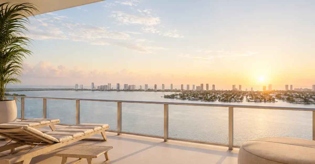 Luxury high rise balcony with lounge chairs overlooking Biscayne Bay at golden sunset with Miamis waterfront skyline stretching across the horizon
