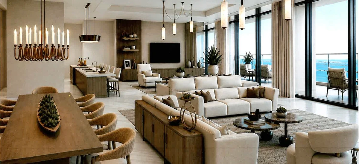 Expansive luxury open-plan living space featuring cream sofas, natural wood dining table, pendant lighting, and floor-to-ceiling ocean views.