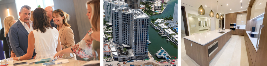 Luxury waterfront condominiums in South Florida showcase stunning marina views, modern kitchen interiors, and an exclusive sales event welcoming prospective ...