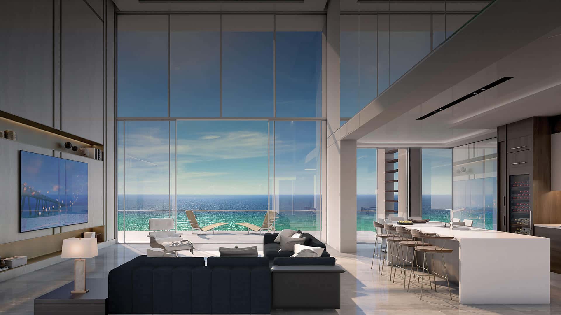 Floor to ceiling glass windows in 5000 North Ocean, a Cotton & Company client