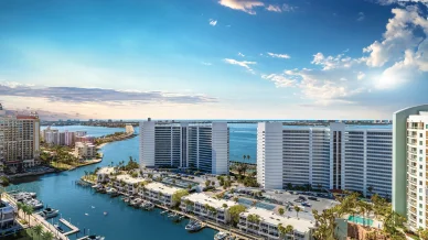 Residential buildings along a marina and waterfront.