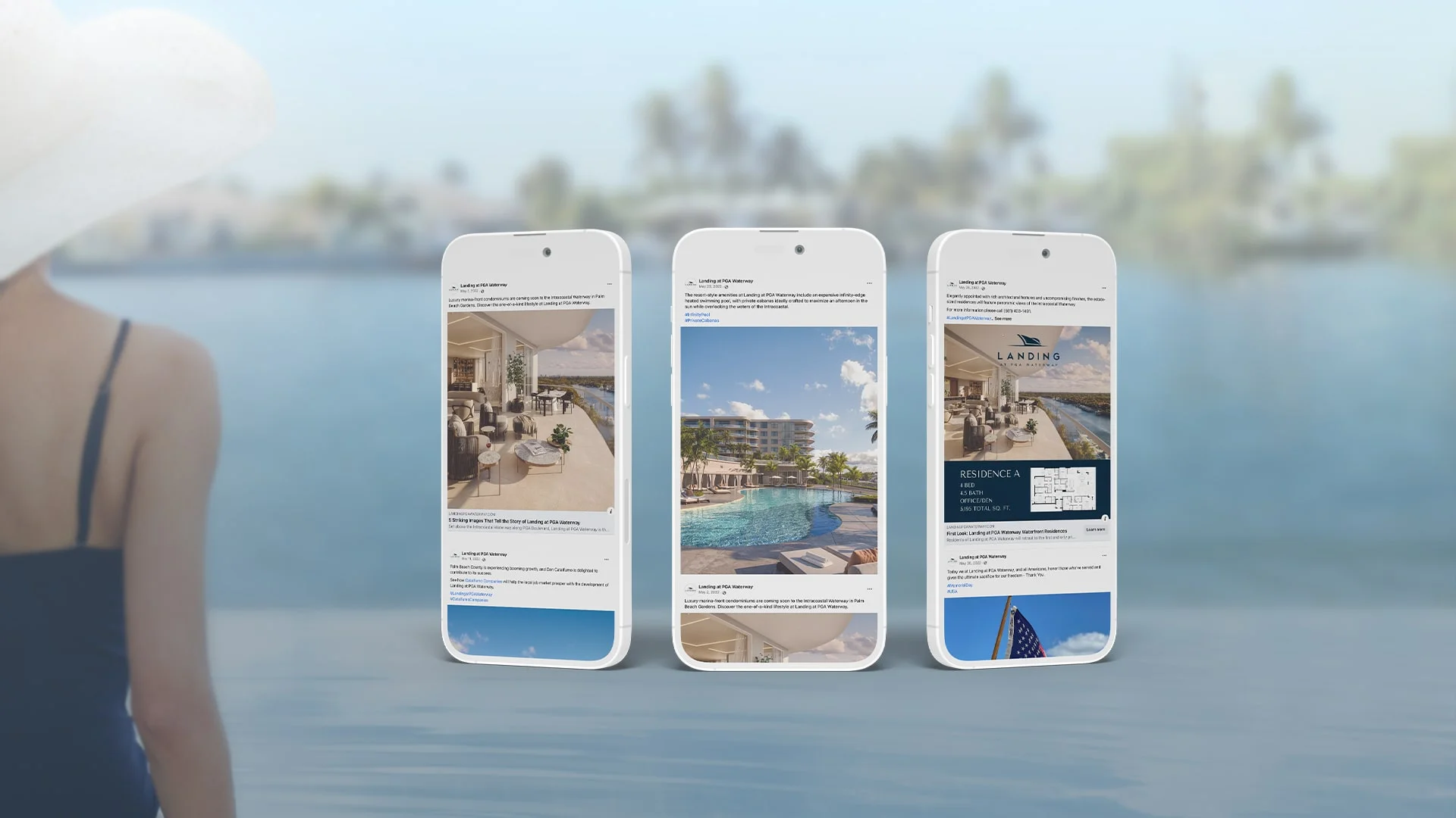 Boca West social media creative shown on mobile screens and a smartphone.
